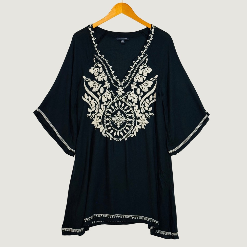 American Eagle Tunic Top Womens Large Black Embroidered Boho V-Neck Kimono Top